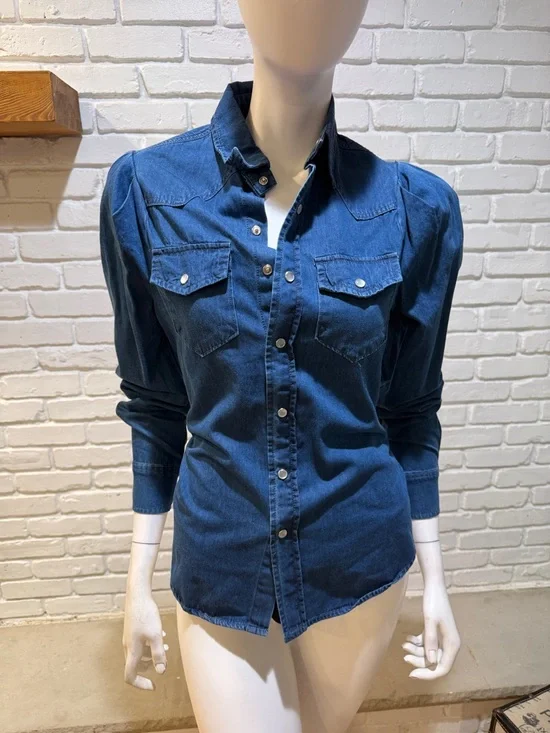 Torn by Ronny Kobo Chambray Denim Blouse S NWT Structured Chic Mutton Sleeve - Picture 7 of 16